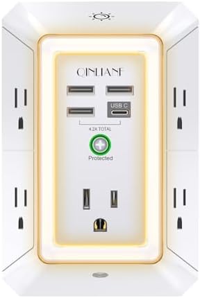 QINLIANF 5-Outlet USB Wall Charger with Surge Protection – 4 USB Ports (4.8 A Total) Power Strip Extender, 3-Sided Design for Easy Access, 1680 J Surge Defense, Compact Multi-Plug Adapter for Home, Travel, and Office Use – Elevate Your Charging Experience with Versatile Compatibility and Safety