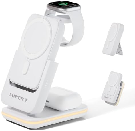 Ultimate 4-in-1 Magnetic Charging Station – SUPERV Foldable 5000 m Ah Power Bank for i Phone 16/15, Apple Watch, Air Pods & Samsung Galaxy S25/S24 – Fast Wireless Charger with Enhanced Mag-Safe Compatibility for Seamless Portability and Versatile Device Support