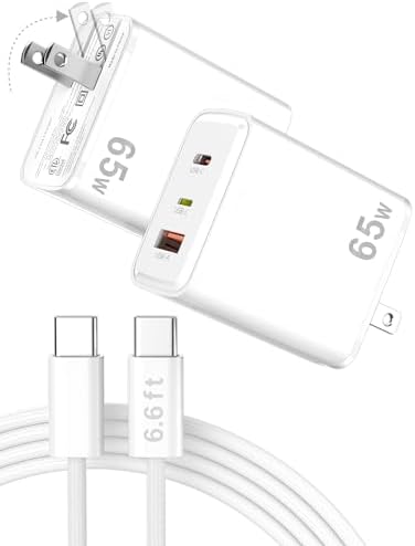 Jiunai 65 W Ga N USB-C Charger Block – Triple Port Fast Charging Adapter for Mac Book, i Phone 16, Dell & More – Compact Foldable Design with 6.6 ft Type C Cable for Ultimate Travel Convenience and Multi-Device Power Management