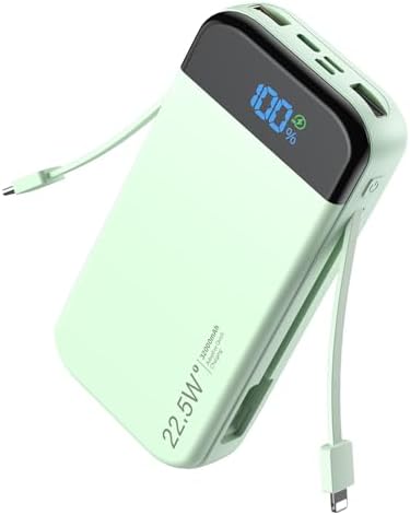 32000 m Ah Portable Power Bank with Built-in Cables – PD3.0 Fast Charging, 5 Outputs, LCD Display, Universal Compatibility for i Phone & Samsung – Ultimate Travel Battery Pack in Orange for On-the-Go Reliability and Efficiency