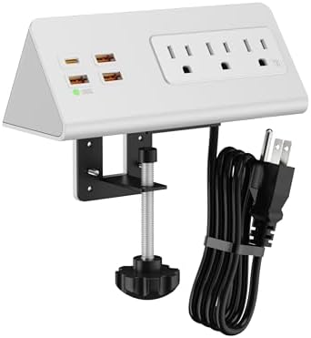 Desk Edge Clamp Power Strip with 4 Fast-Charging USB Ports & 3 AC Outlets – 1875 Joules Surge Protector for Office & Hotel Use, ETL Listed, Space-Saving Design for Convenient Charging Solutions