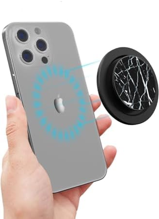 Transform Your Smartphone with the Sleek Black Marble Adjustable Magnetic Phone Grip – Mag Safe Compatible for Effortless Wireless Charging, Featuring Secure Adapter Ring and Personalized Comfort Design for Ultimate Style and Functionality