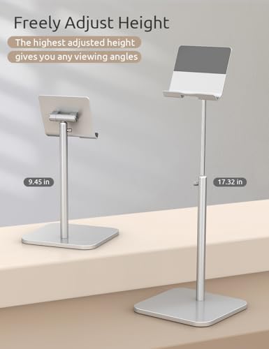 Adjustable Ergonomic Tablet Stand for i Pads and E-Readers – Custom Height & Angle for Optimal Eye-Level Comfort in Your Home Office – Sturdy Dock Compatible with 4-13” Devices, Sleek Silver Finish for Modern Workspaces