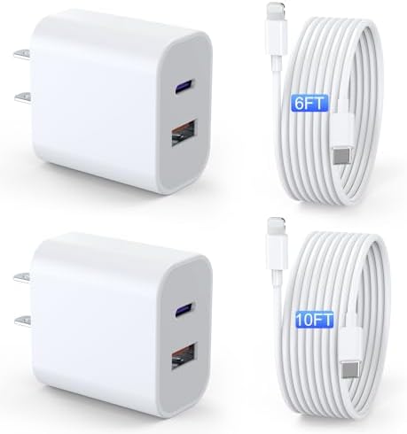 Ultimate 20 W Dual-Port i Pad Charger Bundle – Fast Power Delivery & Quick Charge Adapter with 6 FT & 10 FT Lightning Cables for i Pad 9/8/7, Air, Mini, Pro & i Phone – Efficient Charging Solution for On-the-Go Professionals