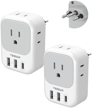 TESSAN Dual Pack European Travel Adapter with 4 AC Outlets and 3 High-Speed USB Ports – Ultimate International Power Converter for Seamless Device Charging in Italy, Spain, France, Portugal, Germany, and Iceland – Essential Travel Accessory for Modern Explorers