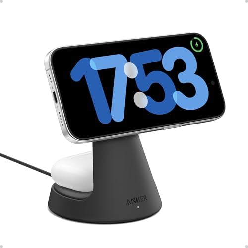 Anker 2-in-1 Adjustable Charging Stand for i Phone 16 – Qi2 Certified 15 W Ultra-Fast Wireless Charger with Magnetic Alignment, Compatible with i Phone 16/15/14/13/12 & Air Pods, Sleek White Design for Modern Workspaces – Elevate Your Charging Experience