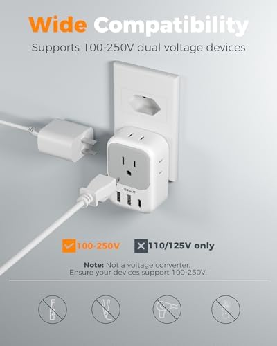 TESSAN Dual Pack European Travel Adapter with 4 AC Outlets and 3 High-Speed USB Ports – Ultimate International Power Converter for Seamless Device Charging in Italy, Spain, France, Portugal, Germany, and Iceland – Essential Travel Accessory for Modern Explorers