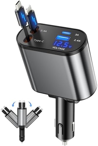 Universal Retractable Car Charger – 4-in-1 Fast Charging Solution for i Phone, Galaxy, Pixel – USB-C & USB-A Compatibility for Ultimate Convenience on the Go