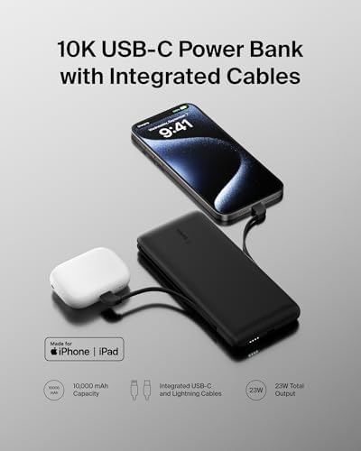 Belkin 10,000 m Ah Portable Charger – Fast Charge Power Bank with Integrated Cable for i Phone 16, i Pad Pro, Galaxy S25 – 20 W USB-C Power Delivery – Lightweight Pink Design for Ultimate Portability and Versatile Compatibility