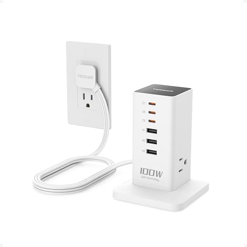 TESSAN 9-in-1 Powerful USB Charging Station – PD 65 W Multi-Device Charger Block for i Phone 15/16, Mac Book & Tablet – Fast, Efficient Power Delivery with 3 AC Outlets – Compact Travel & Home Office Accessory – Enhanced Compatibility & Safety Features