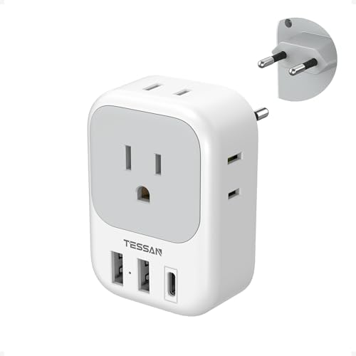 Ultimate European Travel Power Adapter: 4 AC Outlets & 3 Fast Charge USB Ports (1 USB-C PD 20 W) – Compact, Foldable Design for Effortless Connectivity in Spain, France, Germany, Italy, Portugal & Iceland – Versatile Compatibility for All Your Devices