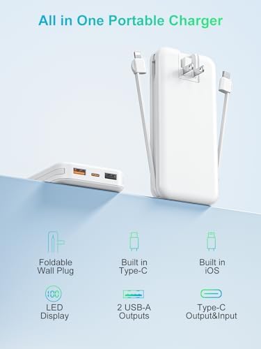 Ultra-Fast Portable Phone Charger with 12000 m Ah Capacity – All-in-One Power Bank with Integrated Cables, Wall Plug, and LED Display for i Phone, i Pad, Samsung – Essential Travel Companion for Uninterrupted Connectivity