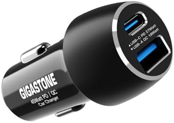 Gigastone USB C Car Charger 45 W Dual Port Fast Charging Adapter – PD3.0 & QC3.0 Compatible with i Phone 15, Galaxy S23, Pixel and More – Ultra-Compact, High-Speed Charging Solution for On-the-Go Convenience