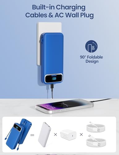 12000 m Ah Ultra-Light Portable Power Bank with Built-In Cables & AC Wall Plug – PD20 W USB-C Fast Charging for i Phone, Samsung & Android – LED Display for Battery Monitoring – Ultimate Travel Companion for Quick Device Recharging
