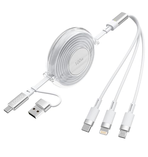 3-in-1 Retractable Multi Charging Cable, 100W Fast Charging USB-C/A to Lightning/USB-C/Micro USB Phone Charger Cord for iPhone 16/15, Samsung, MacBook, iPad （White） – Enhanced Compatibility and Speed