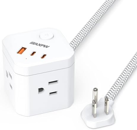Compact Power Strip Cube with 4 AC Outlets & 3 USB Ports (2 USB-C) – 5 FT Flat Plug Extension Cord, Ideal Travel Charging Station for Office, Dorm, and Cruise Ship Use, Sleek Non-Surge Design for Enhanced Compatibility and Fast Charging Solutions