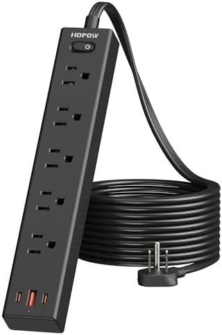 Ultra-Thin Power Strip with Flat Plug: 6 ft Surge Protector Featuring 5 AC Outlets & 3 USB Ports (2 USB-C) for Efficient Charging – 1700 Joules Wall Mount Desktop Station for Home, Office, and Dorm Use – Stylish Electrical Solution for Space Optimization and Device Safety