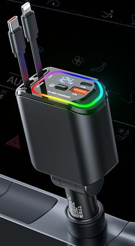 Ultra-Fast 100 W Retractable USB C Car Charger – 4-in-1 Multi-Device Fast Charging Solution with RGB Light for i Phone, Samsung, Android & Laptops – Compact Design for Effortless Portability and Tangle-Free Storage