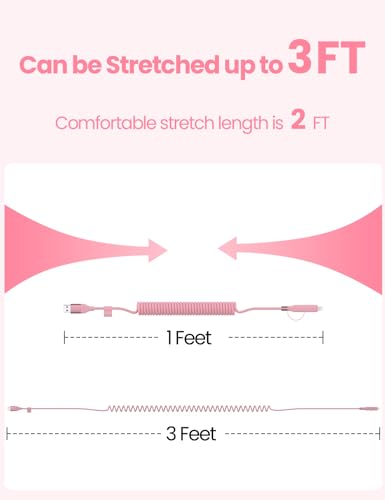 Dual-Function Coiled USB-C & Lightning Charging Cable 3 FT – 60 W Fast Charge for i Phone 15/16 & Samsung Galaxy – Perfect for Apple Car Play & Android Auto Integration (Sleek Black) – Enhanced Durability & Space-Saving Design