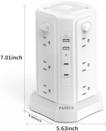 PASSUS 16 FT Long Surge Protector Power Strip with USB-C Fast Charging & Built-in Night Light – Versatile Charging Station for Home & Office with 4 USB Ports, Compact Tower Design, and Enhanced Surge Protection