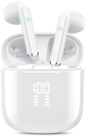 OYIB Premium Bluetooth 5.3 Wireless Earbuds – Cutting-Edge Noise Cancelling Technology with 4-Mic ENC for Superior Call Clarity, Effortless Touch Controls for Smooth Playback, 25-Hour Playtime with LED Battery Indicator, IPX7 Waterproof Design Perfect for Active Lifestyles in Chic White