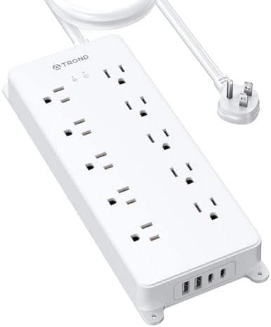 TROND 10 ft Surge Protector Power Strip with 10 Spacious Outlets and 4 USB Ports – 4000 Joules of Advanced Surge Protection, ETL Listed, Flat Plug for Wall Mounting – Ideal for Home Office and Entertainment Setup – Maximum Device Compatibility and Fast Charging Solution