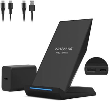 NANAMI 30 W Max Qi-Certified Wireless Charging Stand – Ultra-Fast Charger for i Phone 16/15/14/13/12/11 & Samsung Galaxy S25/S24/S23/S22/S21 | Ergonomic Design with USB-A Port for Home, Office & Travel | Enhanced Safety Features & Clutter-Free Convenience