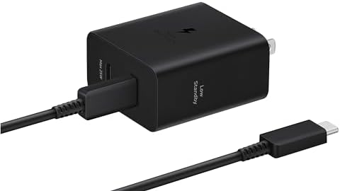 SAMSUNG 50 W Dual Port Wall Charger with USB Type-C Cable – Super Fast Charging 2.0 for Galaxy Devices – Energy Efficient Power Adapter with Low Standby Consumption – Sleek Black Design for Ultimate Versatility and Modern Aesthetics