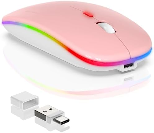 Sleek LED Bluetooth Wireless Mouse for Mac & PC – Rechargeable, RGB Light-Up Design with Dual Connectivity (BT5.2 + 2.4 G USB) – Slim, Portable Mouse with Jiggler Function for Work & Play – Enhanced Performance & Style in White