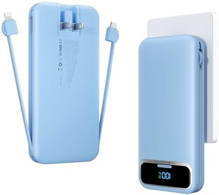 12000 m Ah Ultra-Light Portable Power Bank with Built-In Cables & AC Wall Plug – PD20 W USB-C Fast Charging for i Phone, Samsung & Android – LED Display for Battery Monitoring – Ultimate Travel Companion for Quick Device Recharging