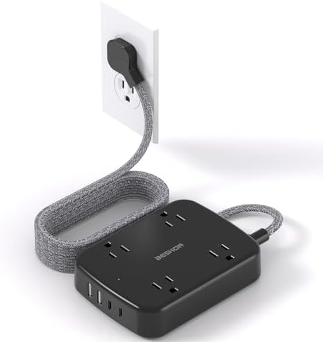 10 FT BESHON Surge Protector Power Strip with 4 Outlets & 4 USB Ports – Flat Extension Cord with 2 USB-C for Fast Charging – Space-Saving Flat Plug Design – 900 Joules Surge Protection for Home, Office & Dorm Room Essentials – Ultimate Power Management Solution