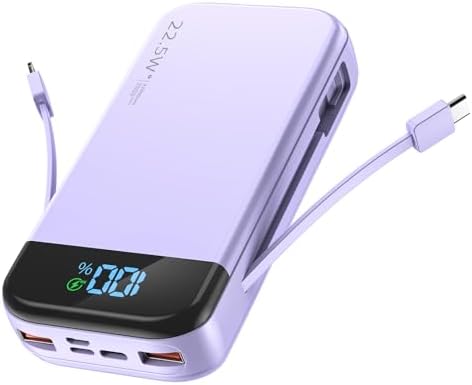 High-Capacity 32000 m Ah Portable Charger with Built-in Cables, Fast Charging Technology (22.5 W QC 3.0 & 20 W PD), Smart LED Display for Multi-Device Power Management – Sleek Blue External Battery Pack for Professionals and Travelers