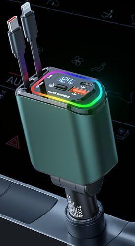 Ultra-Fast 100 W Retractable USB C Car Charger – 4-in-1 Multi-Device Fast Charging Solution with RGB Light for i Phone, Samsung, Android & Laptops – Compact Design for Effortless Portability and Tangle-Free Storage