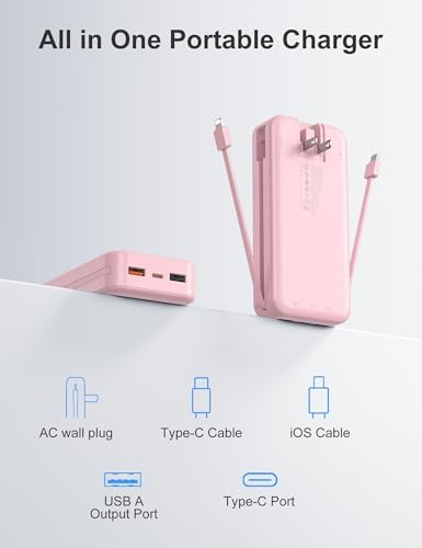 Ultra-Portable 20000 m Ah Power Bank with Built-In Cables & AC Plug | PD 20 W Fast Charging for i Phone, Samsung, Android | LED Display Travel Charger – Charge Multiple Devices Seamlessly and Stay Powered On-the-Go