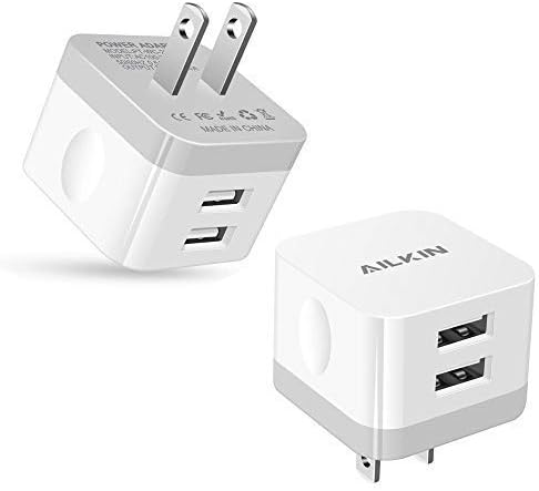 AILKIN Dual Port USB Wall Charger Pack – 2.4 A Fast Charging Power Cube for i Phone 15/14/13/12 Pro Max & Samsung Devices – Compact Travel Adapter for Simultaneous Device Charging – Sleek White Design for Home & Office Use