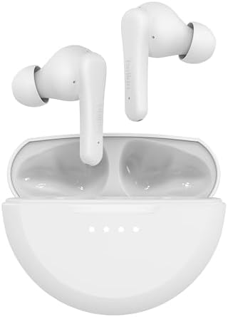 Belkin Sound Form Rhythm True Wireless Earbuds – Superior Sound Quality with 28-Hour Playtime, IPX5 Water-Resistant Design, and Integrated Microphone for Effortless Calls – Fast USB-C Charging for i Phone, i Pad, Galaxy, Pixel & More – Ideal for Active Lifestyles in Sleek White Finish