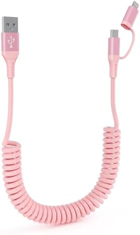 Stylish 2-in-1 Coiled Pink USB-C & Lightning Car Charger – Rapid Charging for i Phone 16/15/14 & Android Devices, Compact Design for Seamless Travel with Apple Car Play & Android Auto Compatibility, Perfect for On-the-Go Power Needs