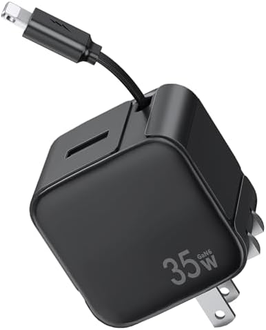 Rapid Charge 35 W Retractable Wall Charger with Built-In Cables – Cutting-Edge Gallium Nitride Technology for Swift Power Delivery to i Phone 14/13/12/11 Pro MAX/XR/XS/8/7 & i Pad – Compact & Travel-Friendly Design for Seamless Charging at Home, Office, or On-the-Go – Tangle-Free Convenience
