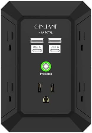 QINLIANF 5-Outlet USB Wall Charger with Surge Protection – 4 USB Ports (4.8 A Total) Power Strip Extender, 3-Sided Design for Easy Access, 1680 J Surge Defense, Compact Multi-Plug Adapter for Home, Travel, and Office Use – Elevate Your Charging Experience with Versatile Compatibility and Safety