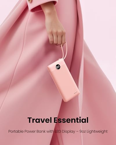Sleek 10,000 m Ah Ultra-Slim Portable Power Bank – Essential Travel Charger with Integrated Cables, 5 Outputs & 2 Inputs, LED Battery Monitor – Universal Compatibility for i Phone & Android Devices – Chic Pink Design for Effortless On-the-Go Charging