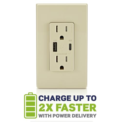 Leviton 60 W Dual USB Type A/Type-C In-Wall Charger – Fast, Efficient Power Delivery Solution for Smartphones, Tablets & Laptops – Tamper-Resistant Outlet in Light Almond for Safe, Clutter-Free Charging Experience – Perfect for Home and Office Use