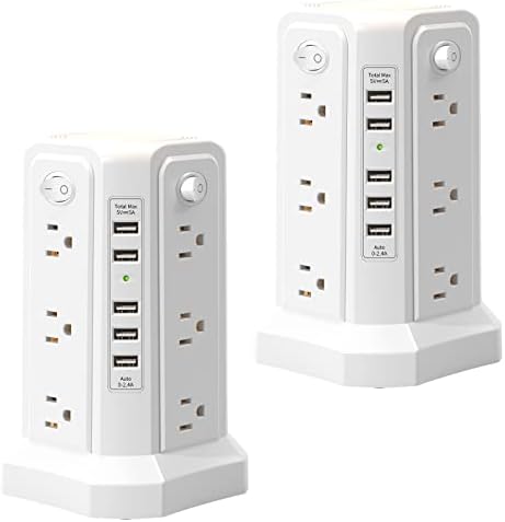 PASSUS Surge Protector Power Strip Tower with 12 AC Outlets and 5 High-Speed USB Ports – 10 FT Extension Cord with Overload Protection and Built-In Night Light for Home Office and Dorm Room – Sleek Black Design for Ultimate Charging Efficiency