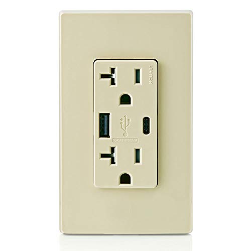 Leviton Dual USB In-Wall Charger with 20 A Tamper-Resistant Outlet – Type A & Type-C Compatibility for Smartphones and Tablets, Light Almond Finish – Streamlined Charging Solution for Home and Office Spaces