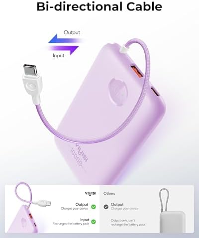 Slim Pink Portable Charger 10000 m Ah – USB-C Power Bank with Built-in Cable & LED Display for Fast Charging – Travel-Friendly Battery Pack Compatible with i Phone 16, 15, Samsung S24, S23 – Ultimate Convenience & Style