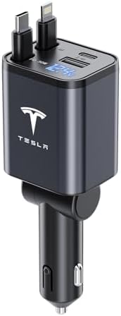 Tesla Model Y, 3, X, S Retractable 4-in-1 Fast Phone Charger – 69 W Adapter with 2.6 ft Cable, 180° Adjustable Design, Real-Time Voltage Display, Enhanced Compatibility for 2025-2017 Models – Ideal Tesla Accessories for Effortless Charging on the Go