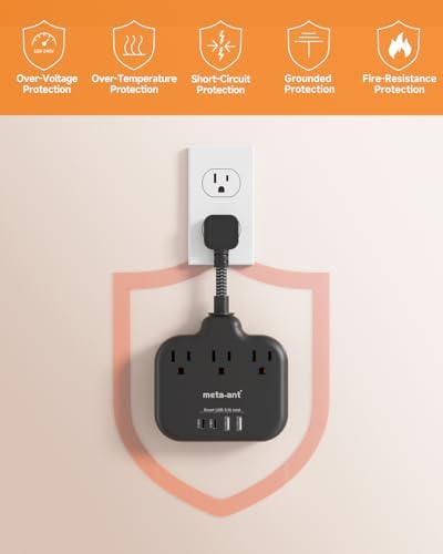 Stylish Brown Travel Power Strip with 5 Ft Cord – Compact Extension Solution Featuring 3 AC Outlets & 4 USB Ports (2 USB-C) for Rapid Charging – Ideal Desk Accessory for Tan Wood and Walnut Grain Décor – Maximize Functionality & Aesthetics in Any Space