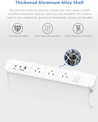 Recessed Dual-Sided Power Strip with 65 W USB-C Fast Charging Ports and USB-A Outlet – Discreet Charging Station for Furniture, Side Tables, and Desks with 6 ft Swivel Cord for Enhanced Flexibility and Compatibility