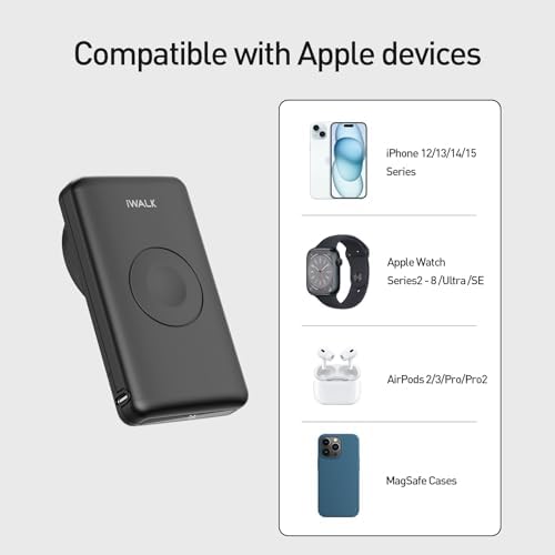 i WALK MAG-X Magnetic Wireless Power Bank with Integrated Apple Watch Charger – 10000 m Ah PD Fast Charging Solution for i Phone 16/15/14/13/12 Series and Apple Watch Ultra/8/7/6/5/4 – Ultimate Portability and Efficiency for On-the-Go Charging