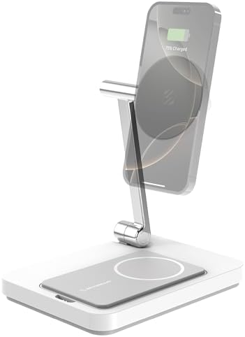 Scosche MSQFG2 N1 WT Magic Mount Travel 2-in-1 Magnetic Wireless Charging Station – Sleek Fast Charger for i Phone 12/13/14/15/16 Pro Max & Air Pods, Compact Foldable Design for Ultimate Portability and Enhanced Mag Safe Compatibility, White