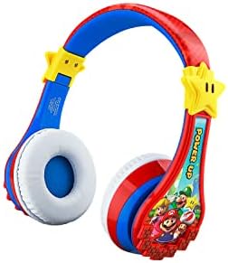 Super Mario Kids Bluetooth Over-Ear Headphones – Safe Volume-Limiting Sound for Young Ears, Adjustable Fit for Growing Kids, Rechargeable with Integrated Microphone for Learning and Travel Fun